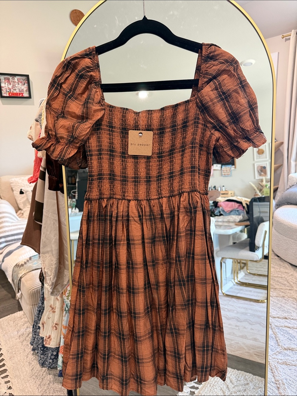 Blu Pepper Rust and Black Plaid Puff Sleeve Dress